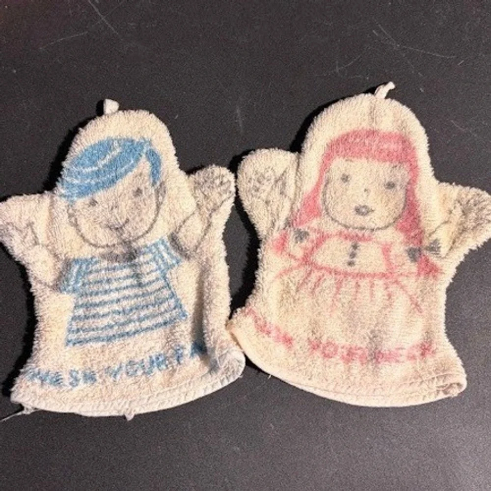 Vintage Puppet Style Washcloths Set Boy Girl Wash Your Face Neck Terry Cloth